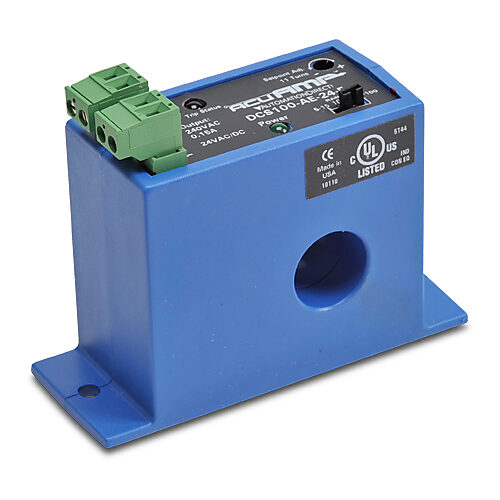 DCS100-AE-24-F - AcuAMP DC current switch, fixed core, 5-15, 10-50, or 20-100A selectable sensing range, 5-100A adjustable trip point, 11-turn potentiometer, solid state switch, N.O. output, 0.15A @ 240 VAC/VDC output rating.