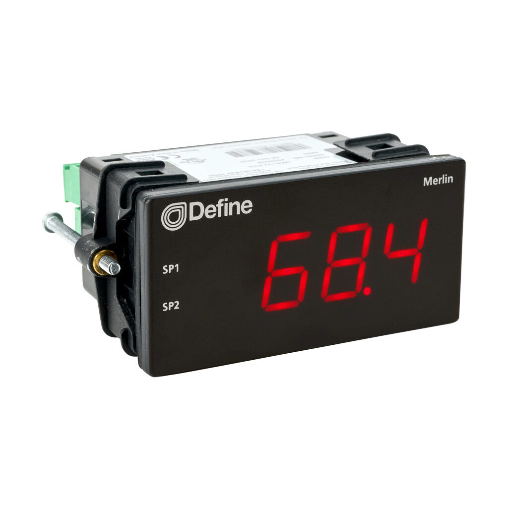 DEFINE-MERLIN-R2A - Define Instruments digital panel meter, panel mount, 1/8 DIN, 20mm 4-digit red LED, current, voltage, RTD, thermocouple, thermistor, pulse or potentiometer input, 4-20 mA or 20-4 mA, (2) 3A (total) SPST relays output, 24-250 VA...