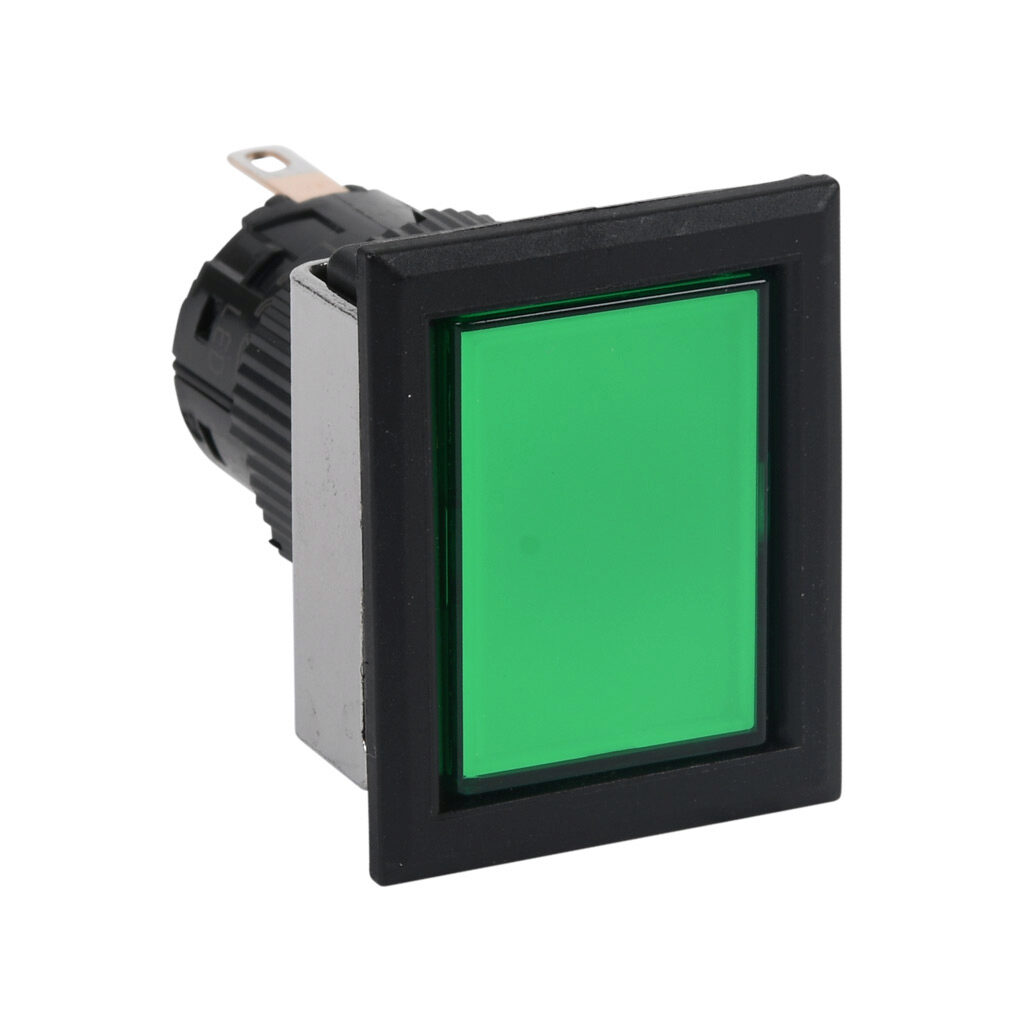 DF16F0N-E3G - Fuji Electric LED indicating light, permanent light function, IP65, 16mm, green, 28mm, rectangular, plastic base, plastic bezel, 24 VAC/VDC, full voltage.