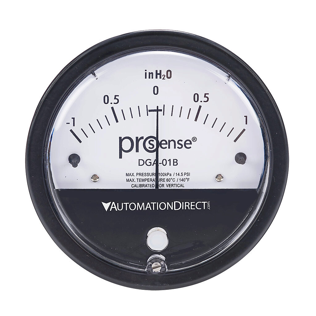 DGA-01B - ProSense differential pressure gauge, 4in dial diameter, -1.0 to +1.0in of water column, black die-cast aluminum case, aluminum, silicone rubber wetted parts, (2) high and (2) low 1/8in female NPT process connection, panel or surface mount.