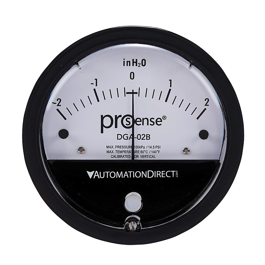 DGA-02B - ProSense differential pressure gauge, 4in dial diameter, -2.0 to +2.0in of water column, black die-cast aluminum case, aluminum, silicone rubber wetted parts, (2) high and (2) low 1/8in female NPT process connection, panel or surface mount.