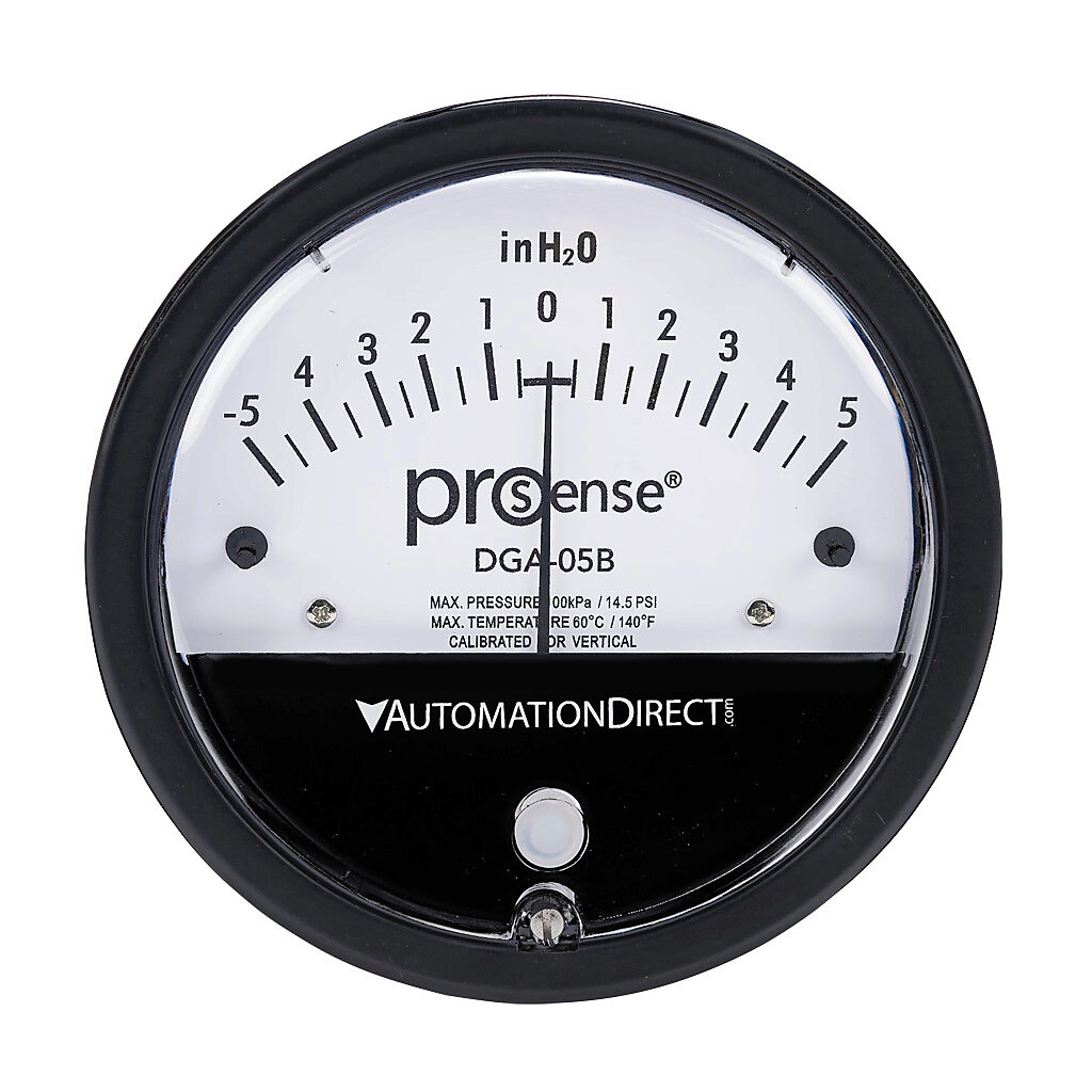 DGA-05B - ProSense differential pressure gauge, 4in dial diameter, -5.0 to +5.0in of water column, black die-cast aluminum case, aluminum, silicone rubber wetted parts, (2) high and (2) low 1/8in female NPT process connection, panel or surface mount.