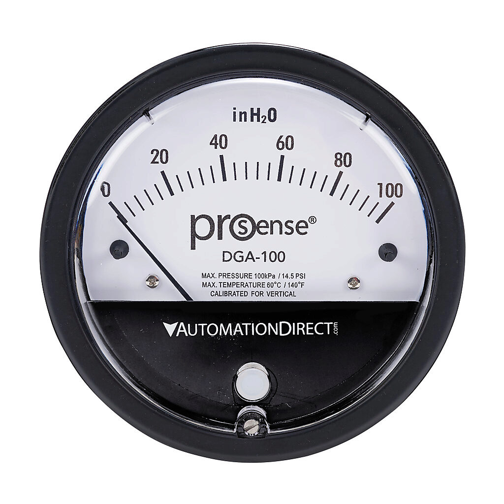 DGA-100 - ProSense differential pressure gauge, 4in dial diameter, 0 to 100.0in of water column, black die-cast aluminum case, aluminum, silicone rubber wetted parts, (2) high and (2) low 1/8in female NPT process connection, panel or surface mount.