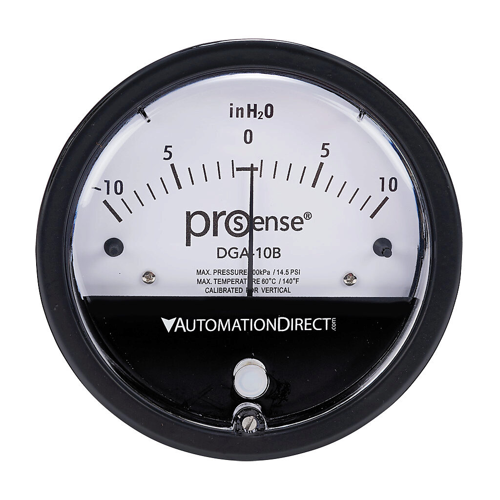 DGA-10B - ProSense differential pressure gauge, 4in dial diameter, -10.0 to +10.0in of water column, black die-cast aluminum case, aluminum, silicone rubber wetted parts, (2) high and (2) low 1/8in female NPT process connection, panel or surface m...