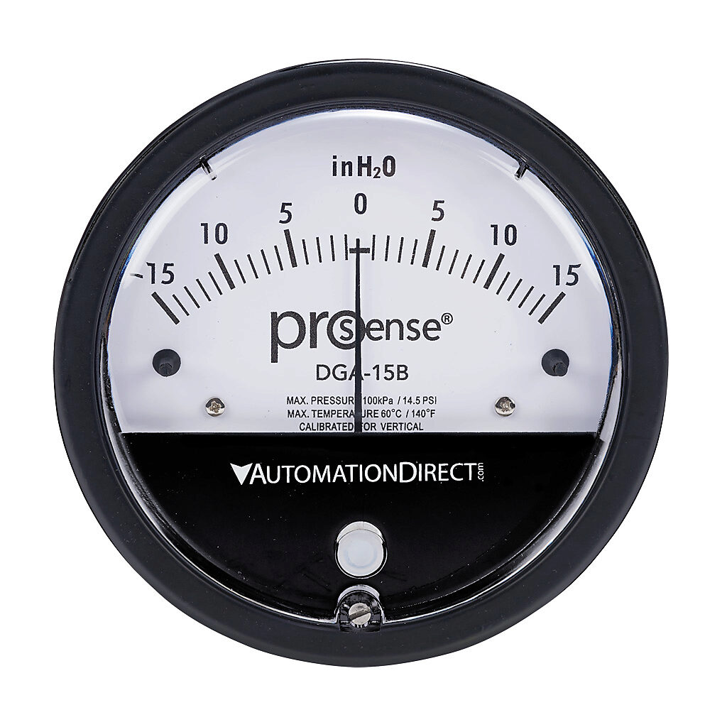 DGA-15B - ProSense differential pressure gauge, 4in dial diameter, -15.0 to +15.0in of water column, black die-cast aluminum case, aluminum, silicone rubber wetted parts, (2) high and (2) low 1/8in female NPT process connection, panel or surface m...