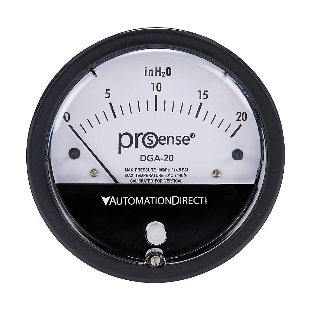 DGA-20 - ProSense differential pressure gauge, 4in dial diameter, 0 to 20.0in of water column, black die-cast aluminum case, aluminum, silicone rubber wetted parts, (2) high and (2) low 1/8in female NPT process connection, panel or surface mount.