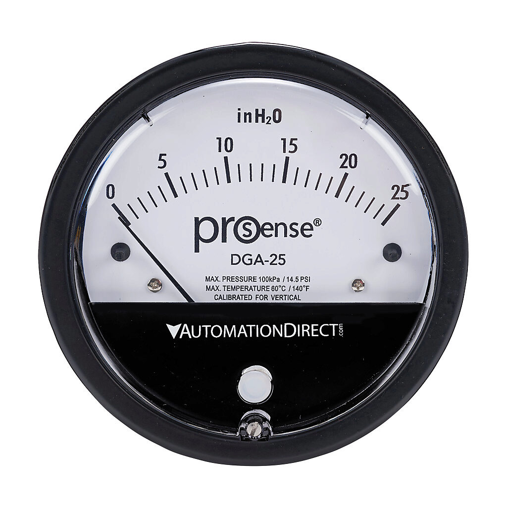 DGA-25 - ProSense differential pressure gauge, 4in dial diameter, 0 to 25.0in of water column, black die-cast aluminum case, aluminum, silicone rubber wetted parts, (2) high and (2) low 1/8in female NPT process connection, panel or surface mount.