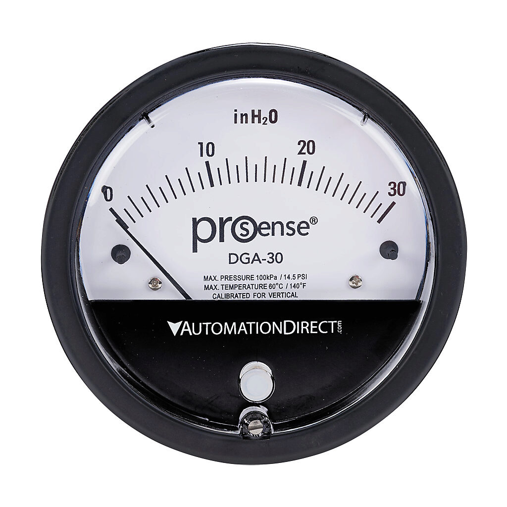 DGA-30 - ProSense differential pressure gauge, 4in dial diameter, 0 to 30.0in of water column, black die-cast aluminum case, aluminum, silicone rubber wetted parts, (2) high and (2) low 1/8in female NPT process connection, panel or surface mount.