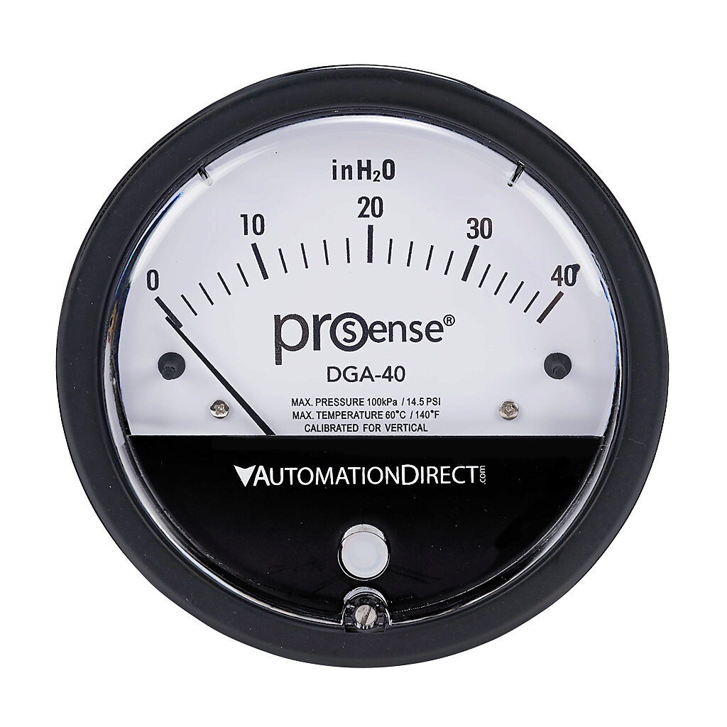 DGA-40 - ProSense differential pressure gauge, 4in dial diameter, 0 to 40.0in of water column, black die-cast aluminum case, aluminum, silicone rubber wetted parts, (2) high and (2) low 1/8in female NPT process connection, panel or surface mount.