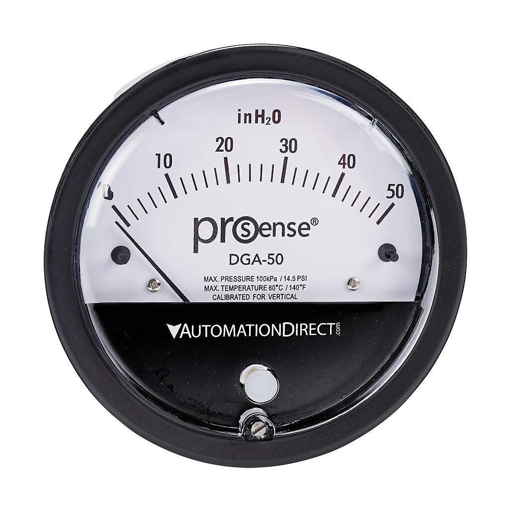 DGA-50 - ProSense differential pressure gauge, 4in dial diameter, 0 to 50.0in of water column, black die-cast aluminum case, aluminum, silicone rubber wetted parts, (2) high and (2) low 1/8in female NPT process connection, panel or surface mount.