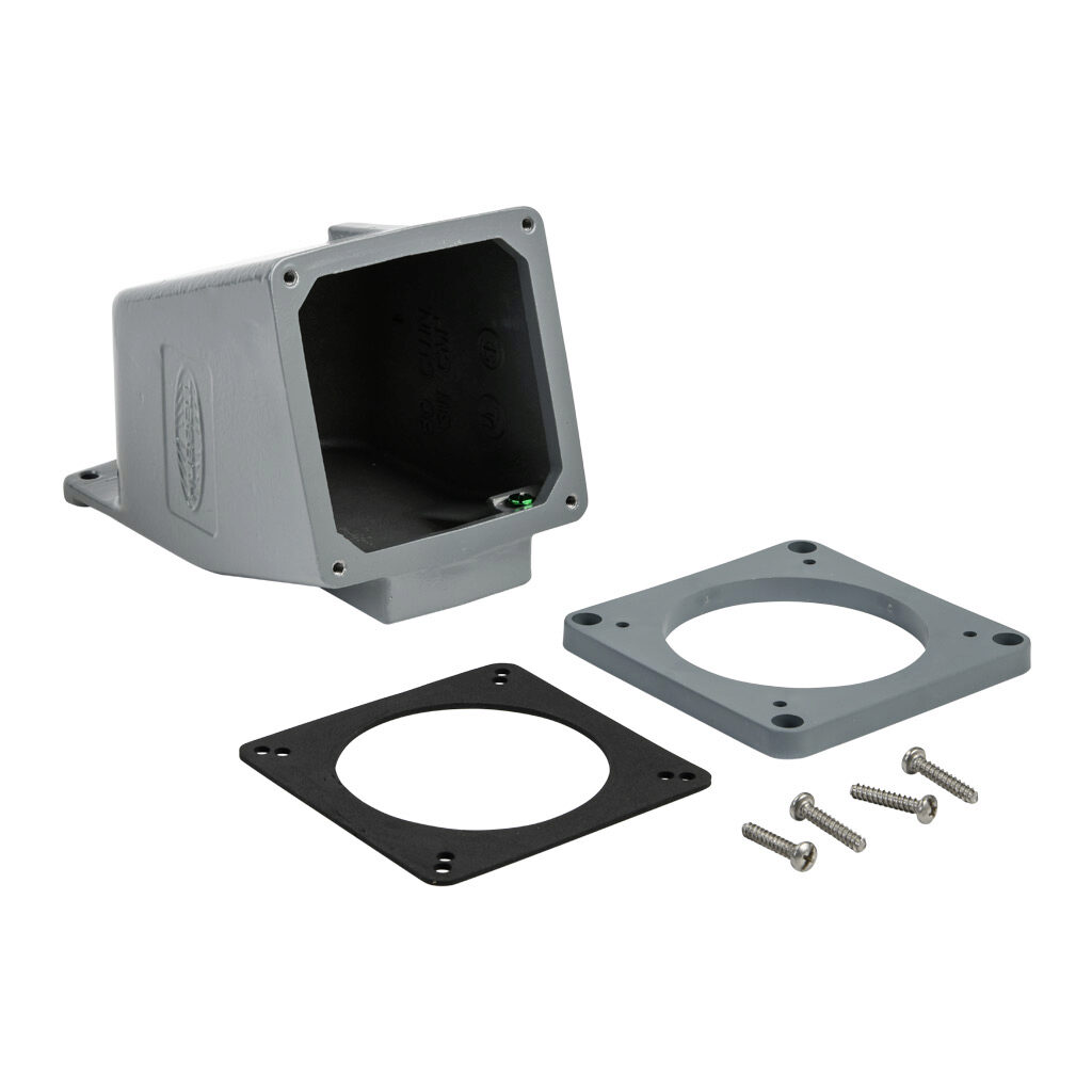 DM602 - Bryant dead end direct mount back box, (1) 1-1/4in female NPT conduit entries, cast aluminum housing, gray. For use with Bryant 60A devices. AP60 adapter plate and mounting hardware included.