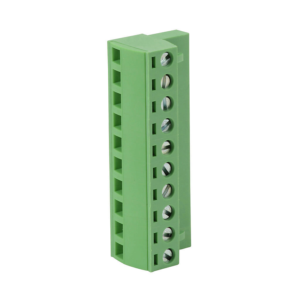 DN-10PLUGMN - DINnector terminal plug, 10-pole, accepts wire size 22-14 AWG, green, 12A, 300V rated (UL), top wire entry with terminal screw 90 degrees from entry. For use with DN-EMXM1 or DN-EMXDV series terminal block. Package of 5.