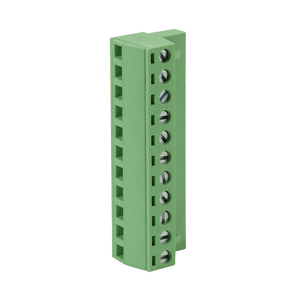 DN-11PLUGMN - DINnector terminal plug, 11-pole, accepts wire size 22-14 AWG, green, 12A, 300V rated (UL), top wire entry with terminal screw 90 degrees from entry. For use with DN-EMXM1 or DN-EMXDV series terminal block. Package of 5.