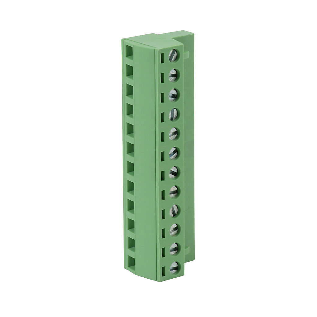 DN-12PLUGMN - DINnector terminal plug, 12-pole, accepts wire size 22-14 AWG, green, 12A, 300V rated (UL), top wire entry with terminal screw 90 degrees from entry. For use with DN-EMXM1 or DN-EMXDV series terminal block. Package of 5.