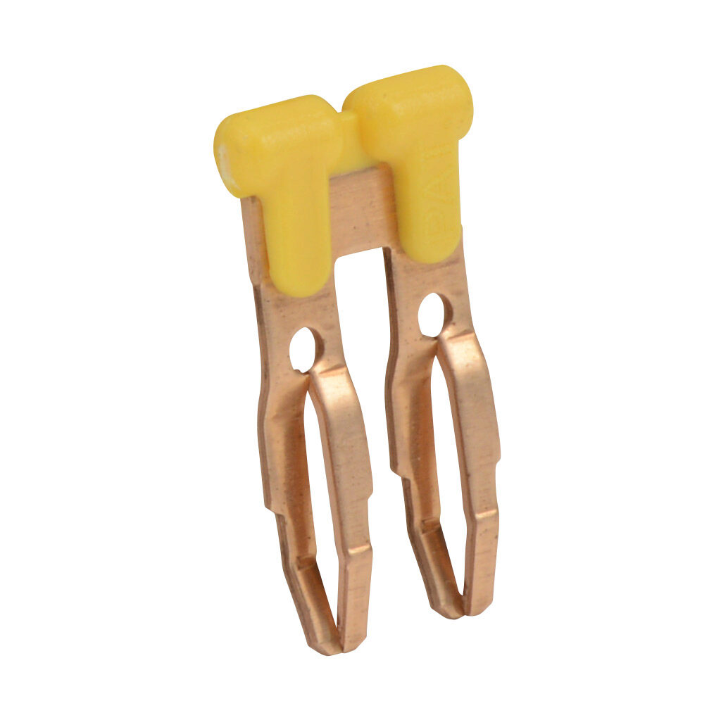 DN-2J4Y - DINnector terminal block jumper, push-in type, 2-pole, yellow, 25A, 600V rated (UL). Package of 100. For use with DN-T10-A, DN-D10-A, DN-M10-A and DN-Q10-A series terminal block.