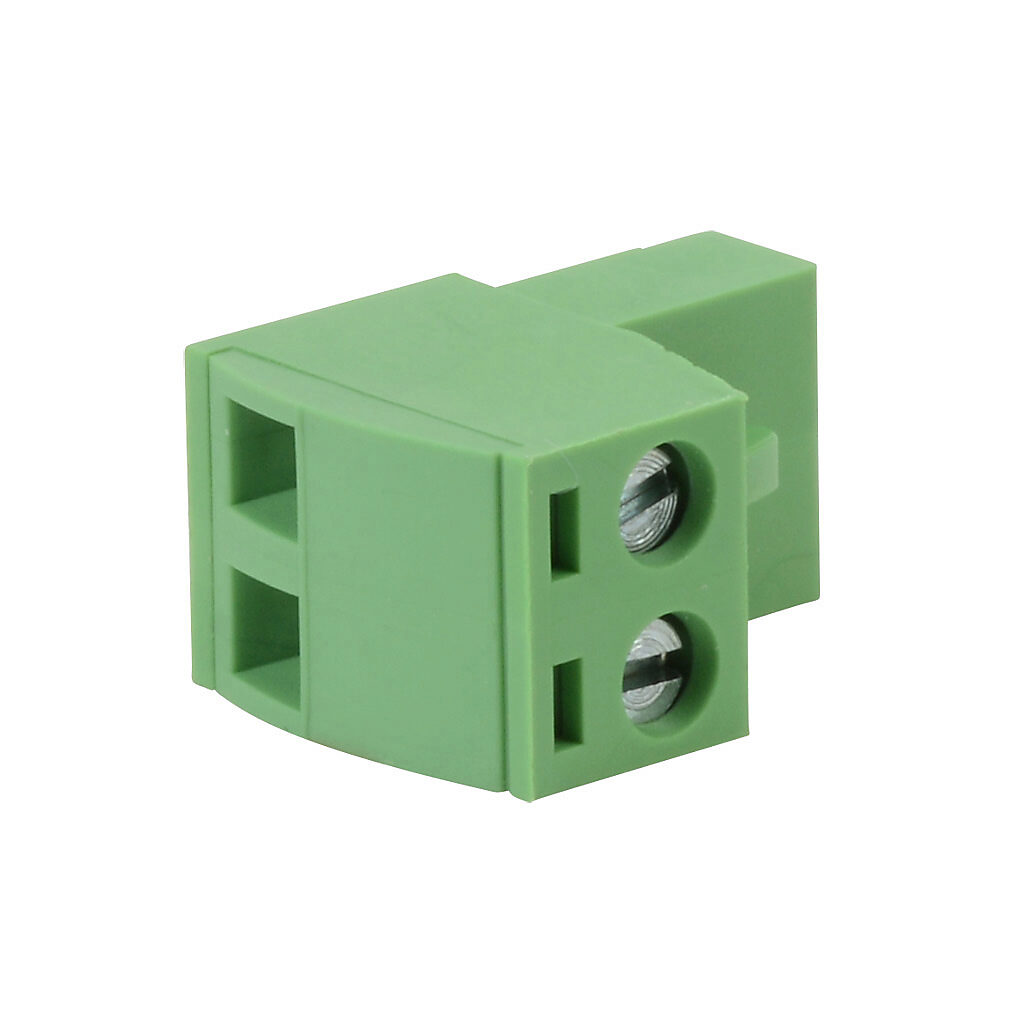 DN-2PLUGMN - DINnector terminal plug, 2-pole, accepts wire size 22-14 AWG, green, 12A, 300V rated (UL), top wire entry with terminal screw 90 degrees from entry. For use with DN-EMXM1 or DN-EMXDV series terminal block. Package of 10.