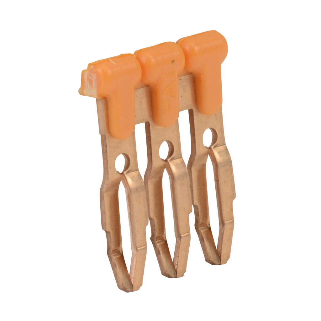 DN-3J2YMN - DINnector terminal block jumper, push-in type, 3-pole, orange, 25A, 600V rated (UL). Package of 25. For use with multiple terminal blocks.