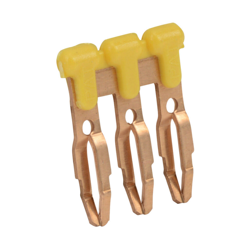 DN-3J4Y - DINnector terminal block jumper, push-in type, 3-pole, yellow, 25A, 600V rated (UL). Package of 100. For use with DN-T10-A, DN-D10-A, DN-M10-A and DN-Q10-A series terminal block.