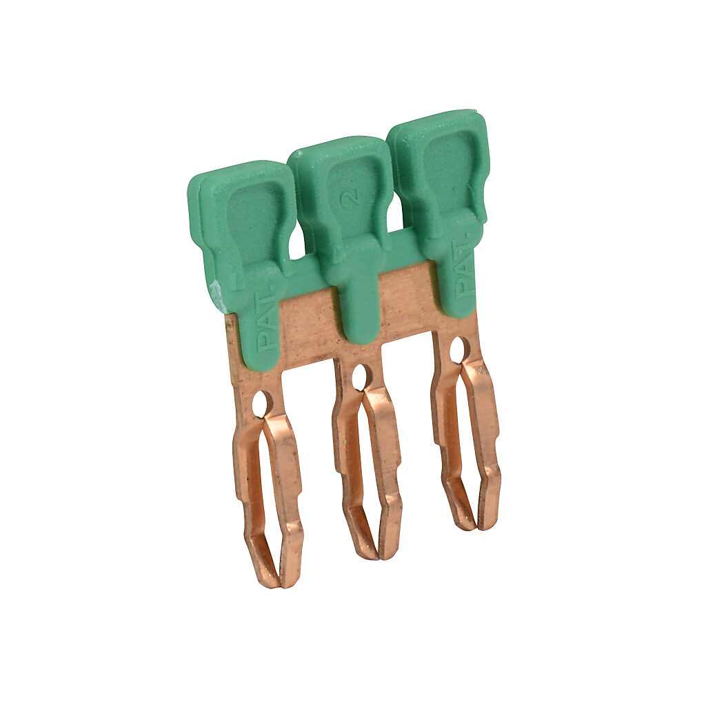 DN-3J6YMN - DINnector terminal block jumper, push-in type, 3-pole, green, 30A, 600V rated (UL). Package of 25. For use with DN-Q8-A or DN-Q8B-A series terminal block.