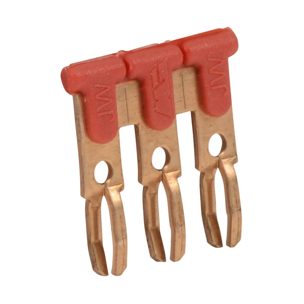 DN-3JL14-AMN - DINnector terminal block jumper, push-in type, 3-pole, red, 20A, 300V rated (UL). Package of 25. For use with DN-TL14-A, DN-TL14S-A, DN-TL14SLP or DN-14SLN-A series terminal block.