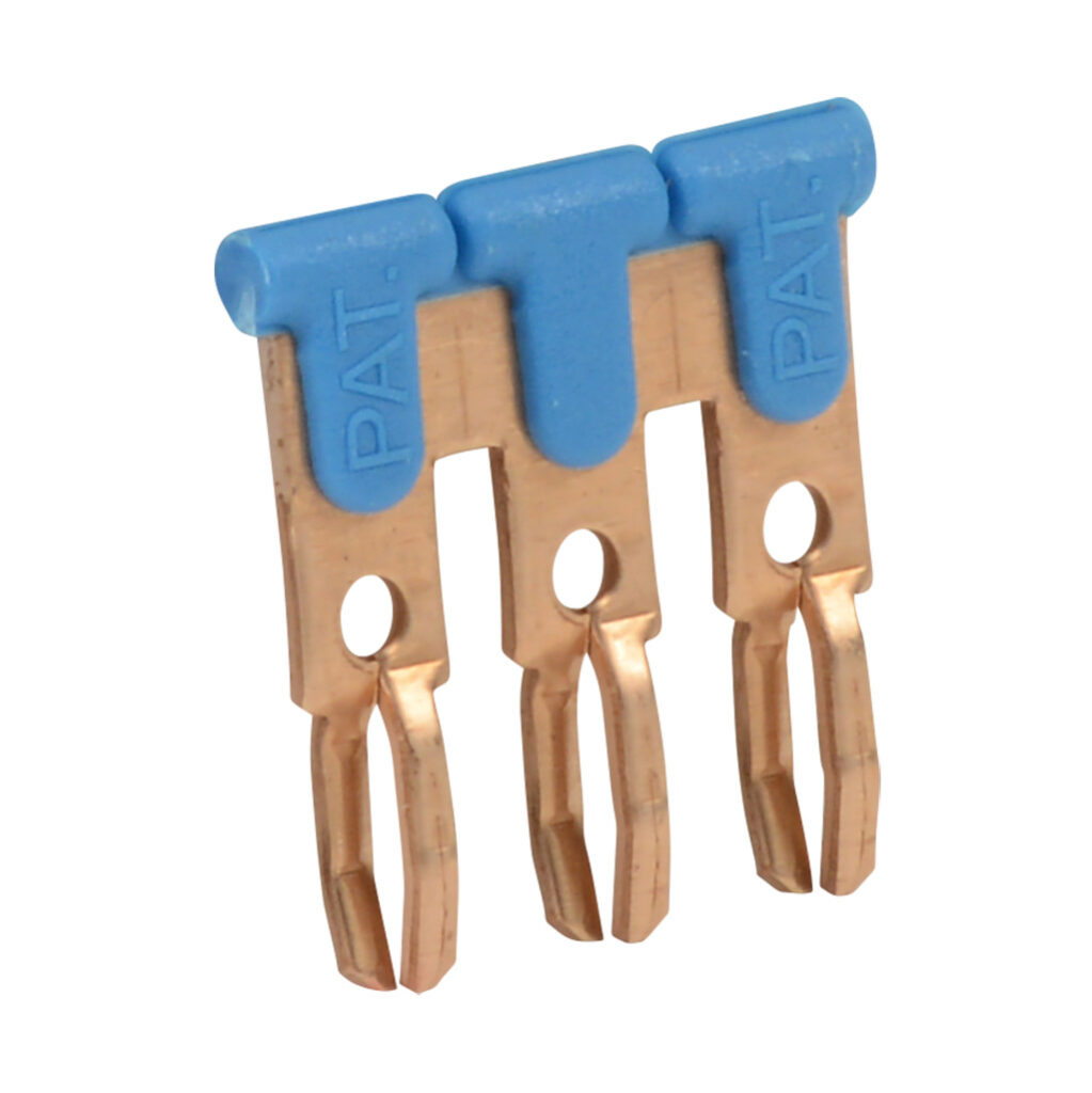 DN-3JL14B-A - DINnector terminal block jumper, push-in type, 3-pole, blue, 20A, 300V rated (UL). Package of 100. For use with DN-TL14-A, DN-TL14S-A, DN-TL14SLP or DN-14SLN-A series terminal block.