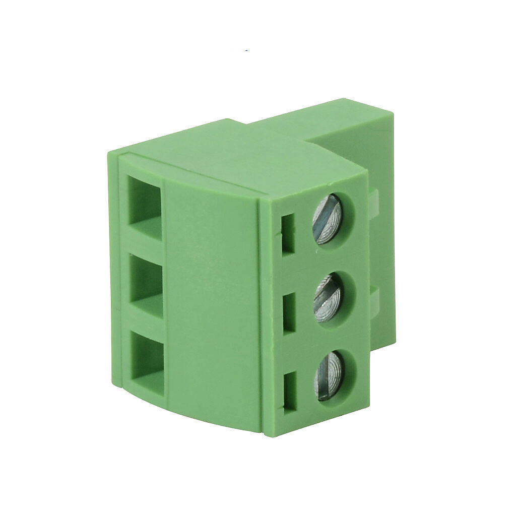 DN-3PLUG - DINnector terminal plug, 3-pole, accepts wire size 22-14 AWG, green, 12A, 300V rated (UL), top wire entry with terminal screw 90 degrees from entry. For use with DN-EMXM1 or DN-EMXDV series terminal block. Package of 200.