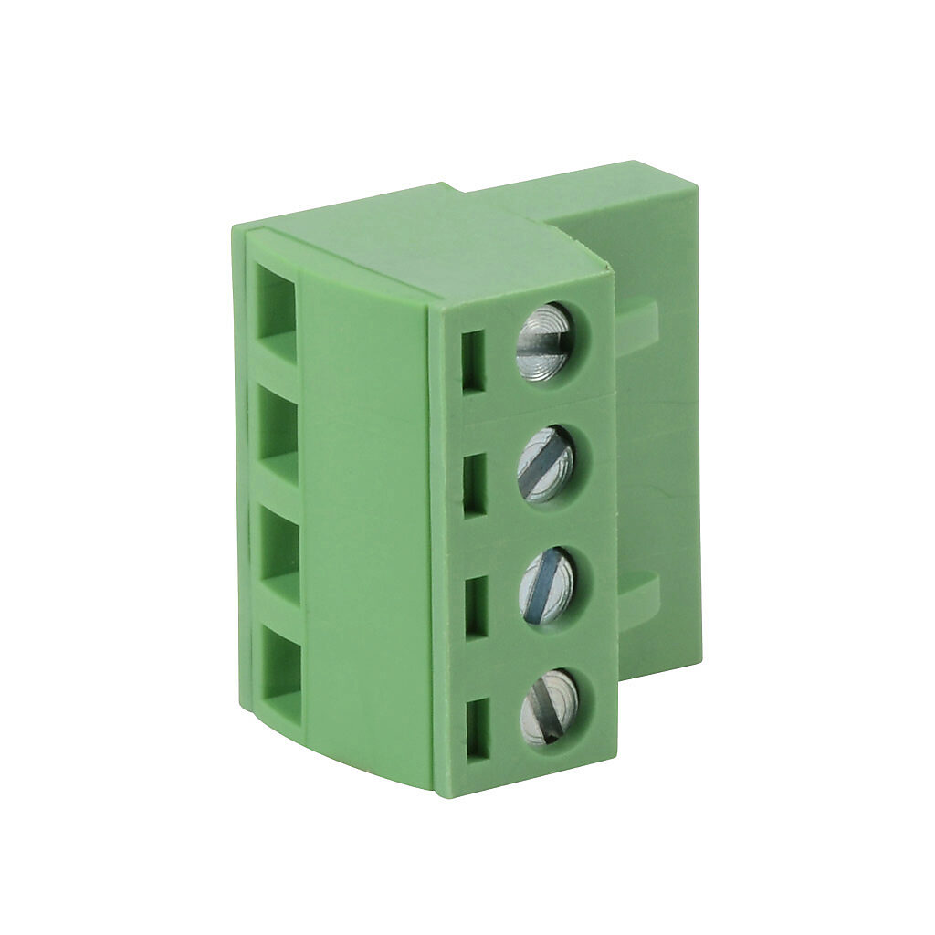 DN-4PLUGMN - DINnector terminal plug, 4-pole, accepts wire size 22-14 AWG, green, 12A, 300V rated (UL), top wire entry with terminal screw 90 degrees from entry. For use with DN-EMXM1 or DN-EMXDV series terminal block. Package of 10.