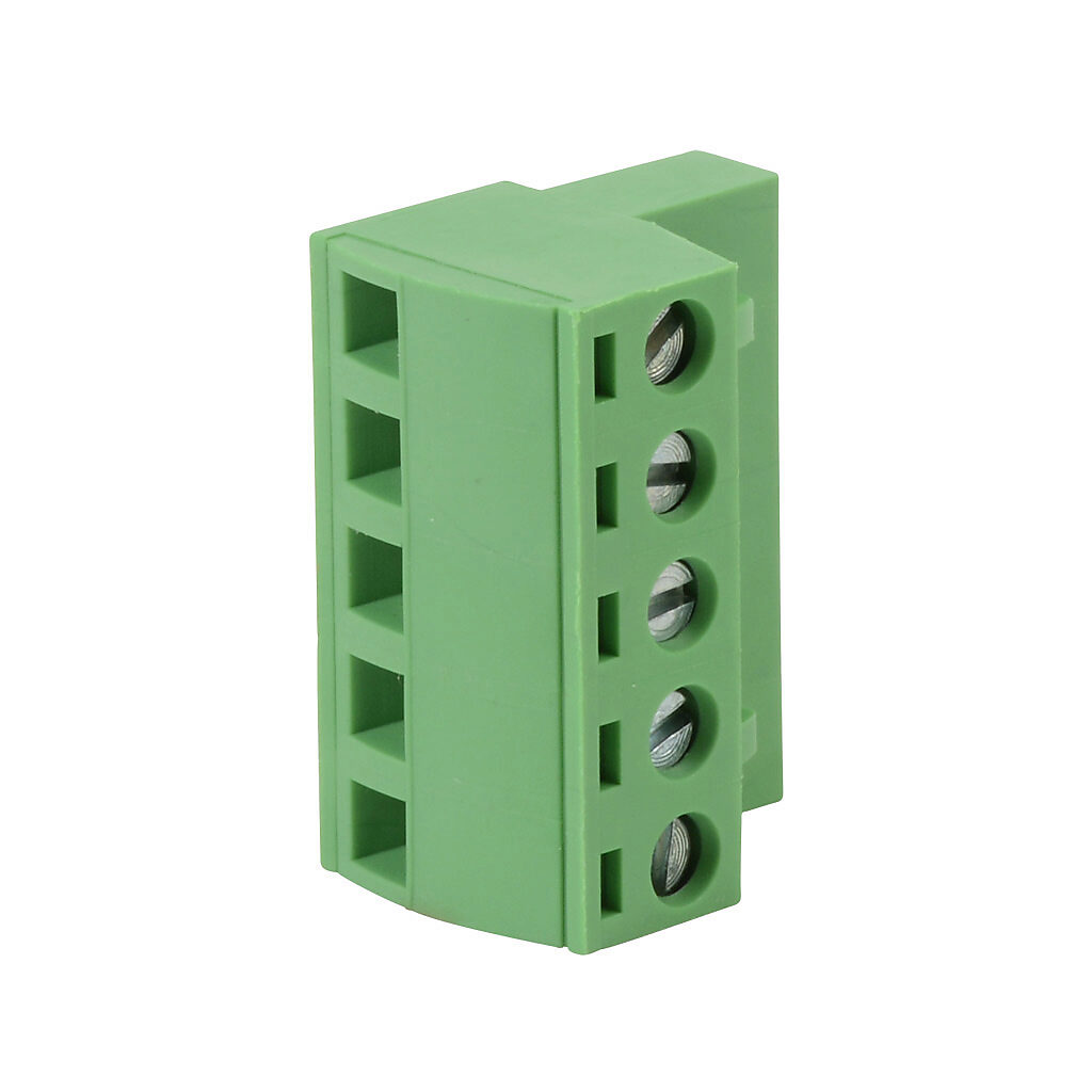 DN-5PLUGMN - DINnector terminal plug, 5-pole, accepts wire size 22-14 AWG, green, 12A, 300V rated (UL), top wire entry with terminal screw 90 degrees from entry. For use with DN-EMXM1 or DN-EMXDV series terminal block. Package of 10.