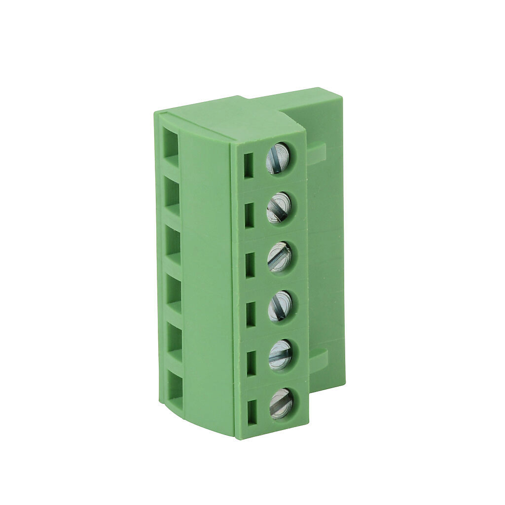 DN-6PLUG - DINnector terminal plug, 6-pole, accepts wire size 22-14 AWG, green, 12A, 300V rated (UL), top wire entry with terminal screw 90 degrees from entry. For use with DN-EMXM1 or DN-EMXDV series terminal block. Package of 100.