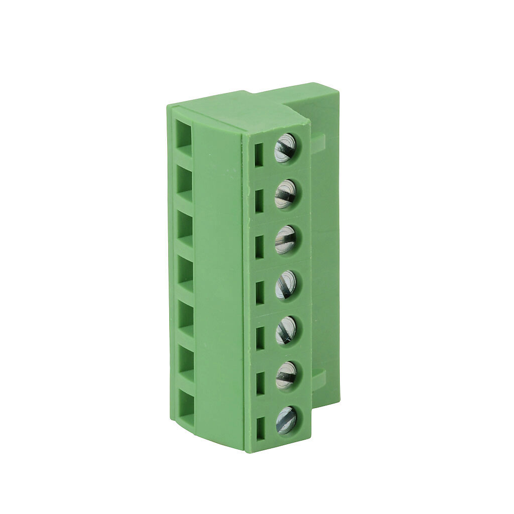 DN-7PLUGMN - DINnector terminal plug, 7-pole, accepts wire size 22-14 AWG, green, 12A, 300V rated (UL), top wire entry with terminal screw 90 degrees from entry. For use with DN-EMXM1 or DN-EMXDV series terminal block. Package of 5.