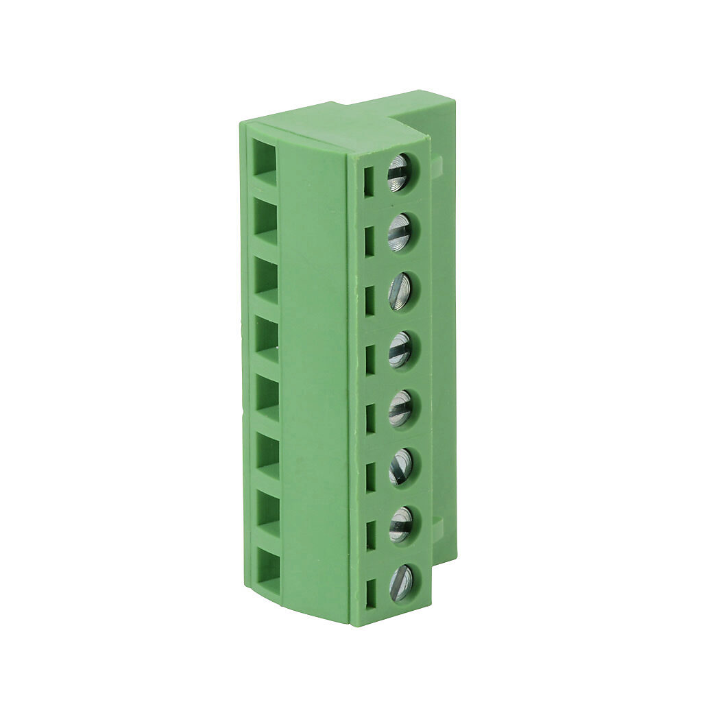 DN-8PLUG - DINnector terminal plug, 8-pole, accepts wire size 22-14 AWG, green, 12A, 300V rated (UL), top wire entry with terminal screw 90 degrees from entry. For use with DN-EMXM1 or DN-EMXDV series terminal block. Package of 50.