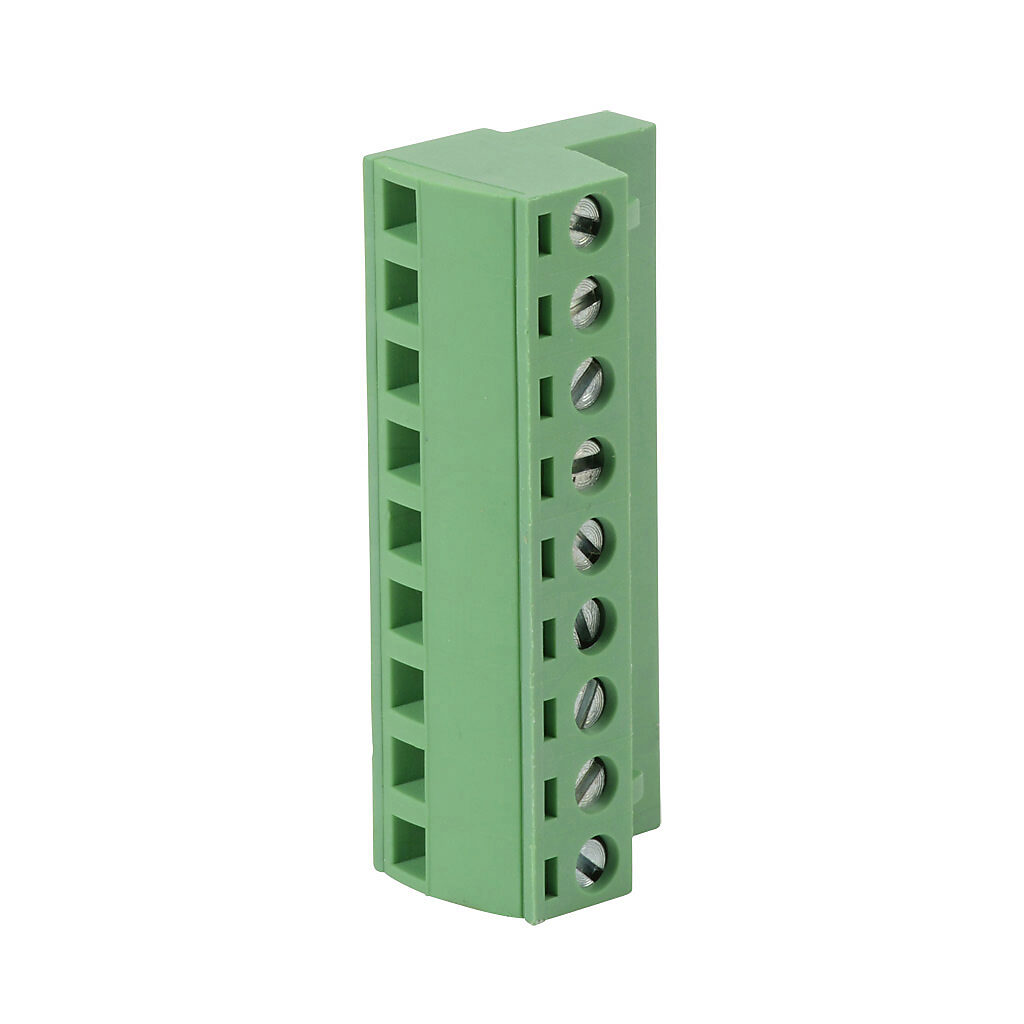DN-9PLUG - DINnector terminal plug, 9-pole, accepts wire size 22-14 AWG, green, 12A, 300V rated (UL), top wire entry with terminal screw 90 degrees from entry. For use with DN-EMXM1 or DN-EMXDV series terminal block. Package of 50.