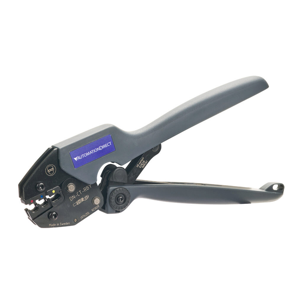 DN-CT-RBY - AutomationDirect wire crimping tool, oval profile, 20-10 AWG capacity, compatible with insulated connectors.
