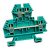 DN-D10GRN-A - DINnector screw double-level feedthrough terminal block, accepts wire size 24-10 AWG, green, 30A, 35mm DIN rail mount, 100kA SCCR. Package of 50. For use with jumpers DN-24J4Y, DN-2J4Y and DN-3J4Y.