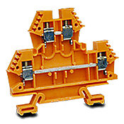 DN-D10ORG-A - DINnector screw double-level feedthrough terminal block, accepts wire size 24-10 AWG, orange, 30A, 35mm DIN rail mount, 100kA SCCR. Package of 50. For use with jumpers DN-24J4Y, DN-2J4Y and DN-3J4Y.