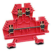DN-D10RED-A - DINnector screw double-level feedthrough terminal block, accepts wire size 24-10 AWG, red, 30A, 35mm DIN rail mount, 100kA SCCR. Package of 50. For use with jumpers DN-24J4Y, DN-2J4Y and DN-3J4Y.