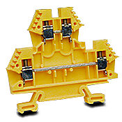 DN-D10YEL-A - DINnector screw double-level feedthrough terminal block, accepts wire size 24-10 AWG, yellow, 30A, 35mm DIN rail mount, 100kA SCCR. Package of 50. For use with jumpers DN-24J4Y, DN-2J4Y and DN-3J4Y.