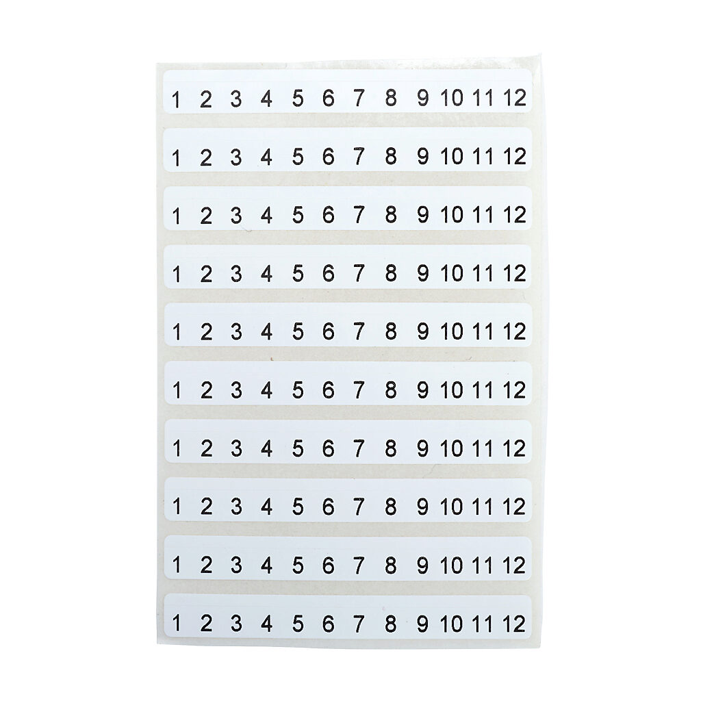 DN-EMLBL2 - DINnector pin label sheet, numbered 1-12. Package of 100. For use with plug-in type terminal blocks. Can be used on DN-EMPEG1.