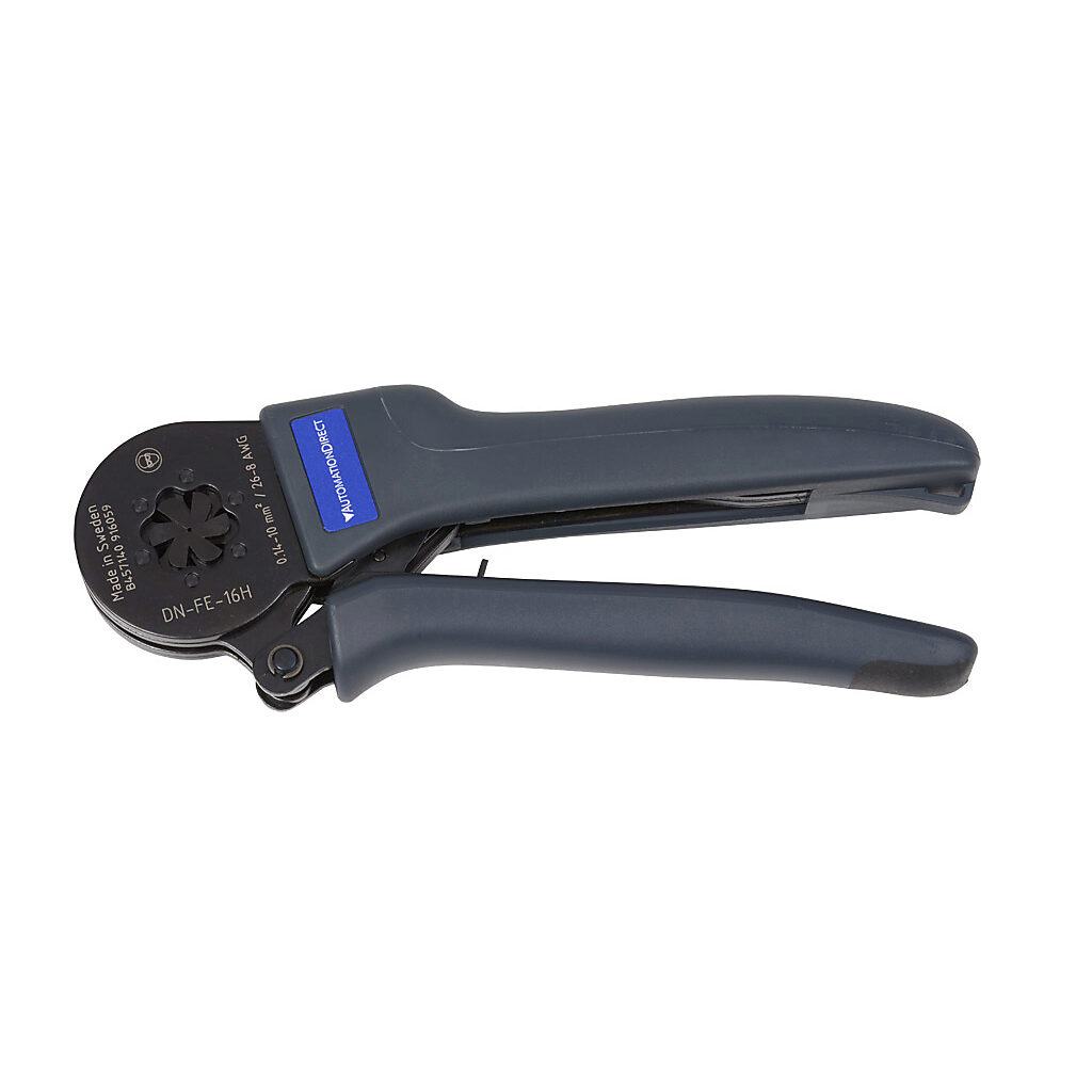 DN-FE-16H - AutomationDirect wire crimping tool, self-adjusting, hexagonal profile, 26-8 AWG capacity, compatible with insulated and non-insulated wire ferrules.