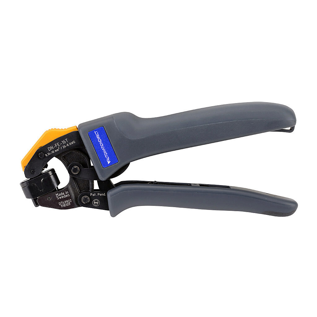 DN-FE-16T - AutomationDirect wire crimping tool, self-adjusting, rotatable die, trapezoidal profile, 26-8 AWG capacity, compatible with insulated and non-insulated wire ferrules.