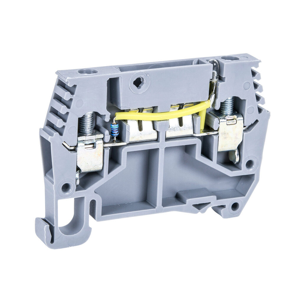 DN-FE4L24 - DINnector screw circuit protection terminal block, accepts wire size 24-10 AWG, gray, 24 VAC/VDC LED indicator(s). Package of 50. 25A when used as a disconnect; 10A when used with a DN-SUPP-nn.