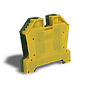 DN-G4 - DINnector screw grounding terminal block, single-level, accepts wire size 14-4 AWG, yellow/green, 35mm DIN rail mount. Package of 25.