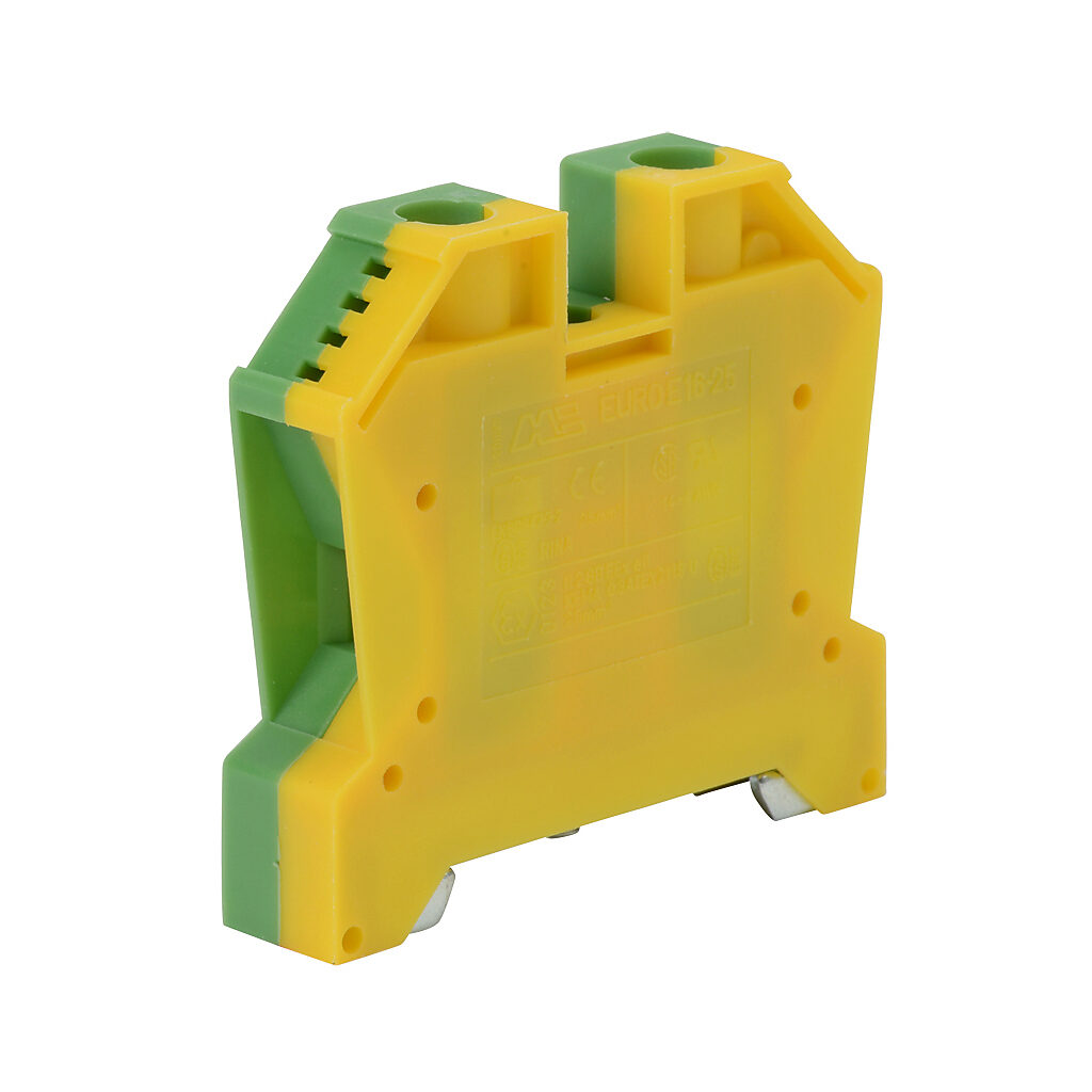 DN-G4MN - DINnector screw grounding terminal block, single-level, accepts wire size 14-4 AWG, yellow/green, 35mm DIN rail mount. Package of 8.