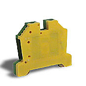 DN-G6 - DINnector screw grounding terminal block, single-level, accepts wire size 20-6 AWG, yellow/green, 35mm DIN rail mount. Package of 50.