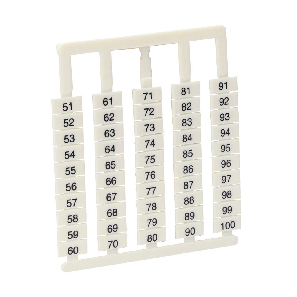 DN-L100 - DINnector marking tag, 6 x 12mm, numbered 51-100 (10 of each number). Package of 500. For use with DN-T10-A, DN-D10-A, DN-T8 or DN-F6 series terminal block.