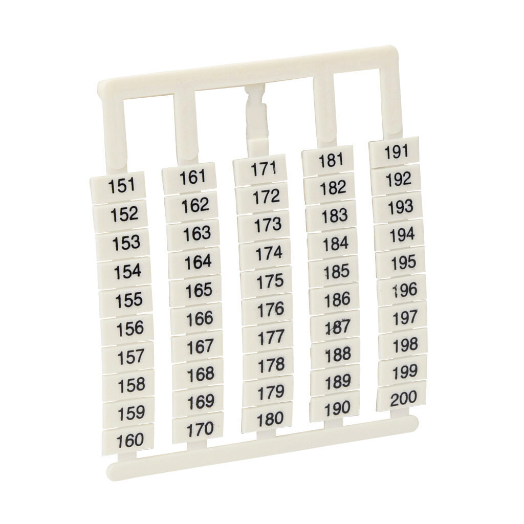 DN-L200 - DINnector marking tag, 6 x 12mm, numbered 151-200 (10 of each number). Package of 500. For use with DN-T10-A, DN-D10-A, DN-T8 or DN-F6 series terminal block.