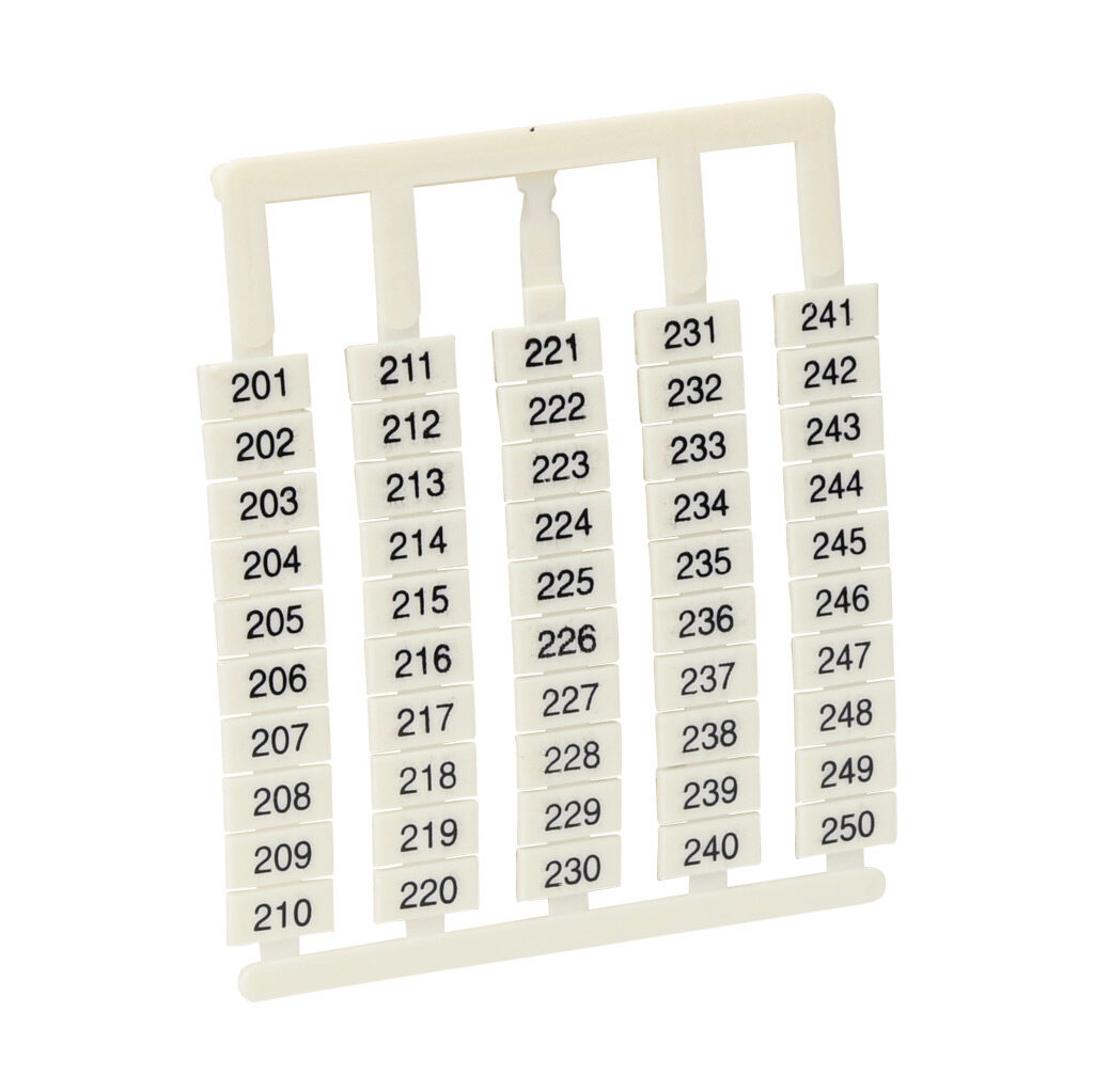 DN-L250 - DINnector marking tag, 6 x 12mm, numbered 201-250 (10 of each number). Package of 500. For use with DN-T10-A, DN-D10-A, DN-T8 or DN-F6 series terminal block.