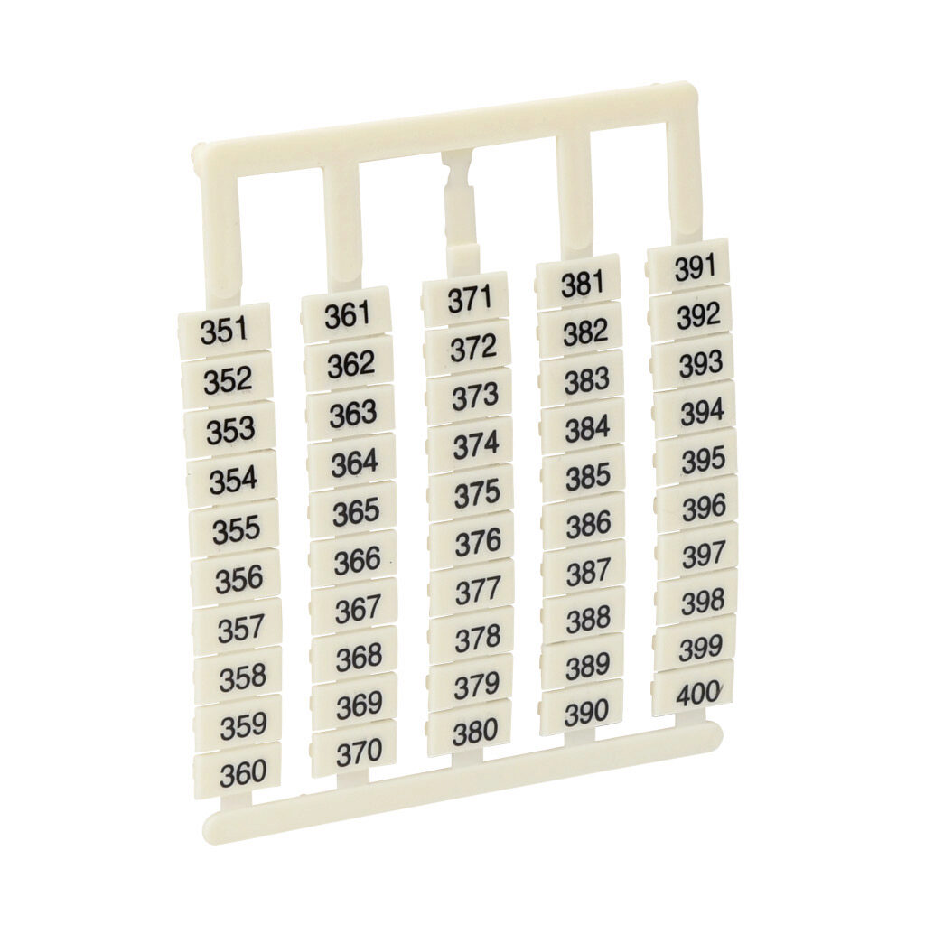 DN-L400 - DINnector marking tag, 6 x 12mm, numbered 351-400 (10 of each number). Package of 500. For use with DN-T10-A, DN-D10-A, DN-T8 or DN-F6 series terminal block.