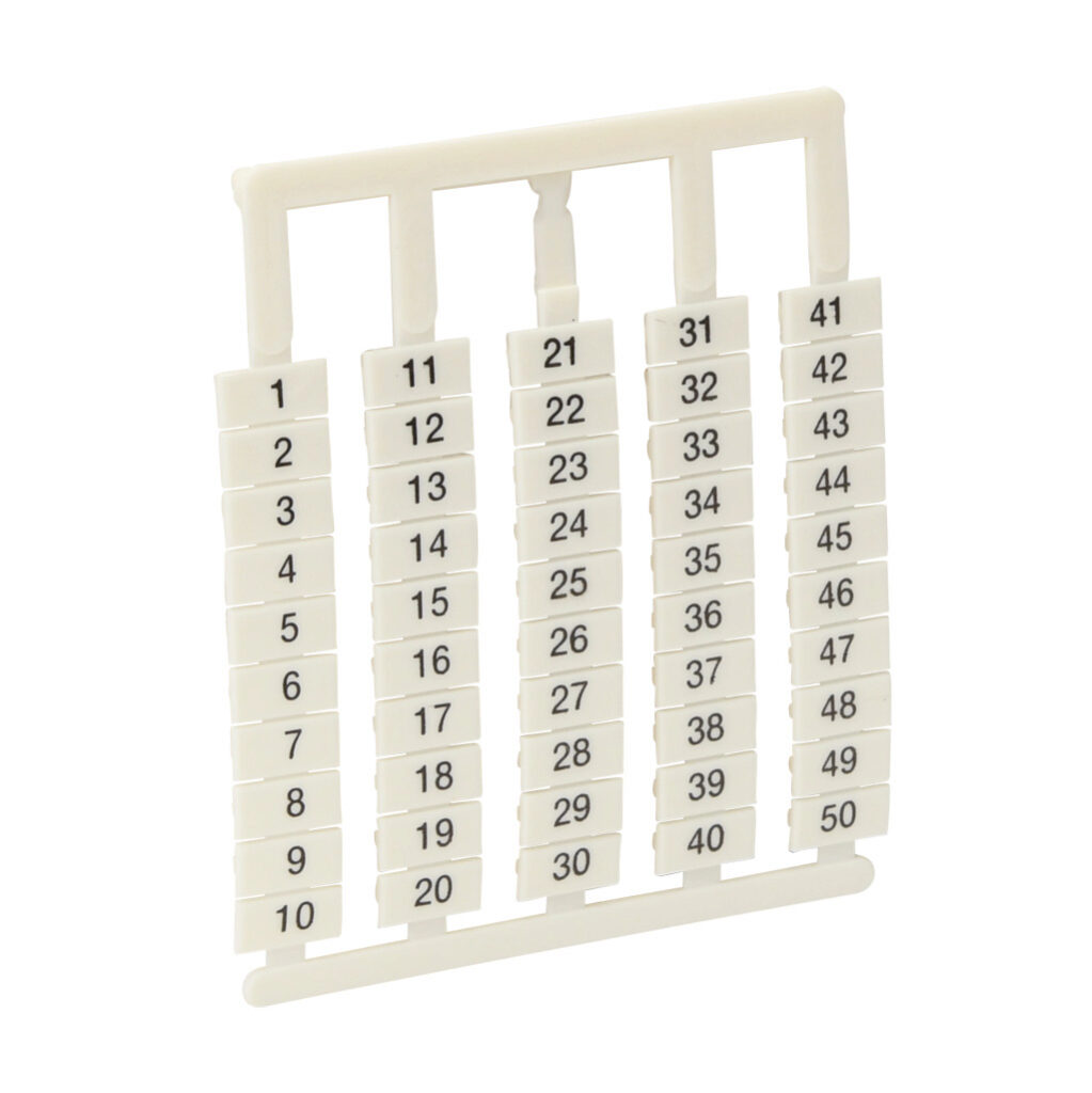 DN-L50 - DINnector marking tag, 6 x 12mm, numbered 1-50 (10 of each number). Package of 500. For use with DN-T10-A, DN-D10-A, DN-T8 or DN-F6 series terminal block.