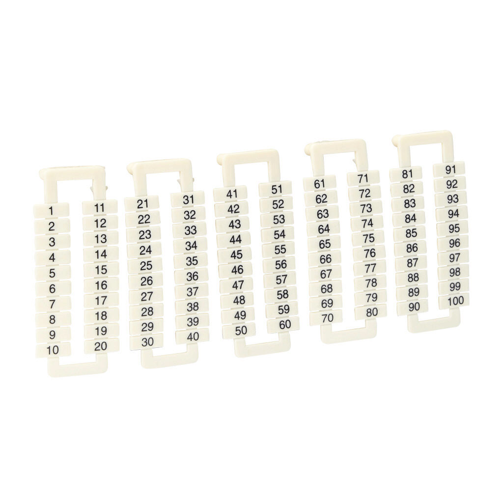 DN-LA100 - DINnector marking tag, 5 x 12mm, numbered 1-100 (5 of each number). Package of 500. For use with DN-T12-A series terminal block.